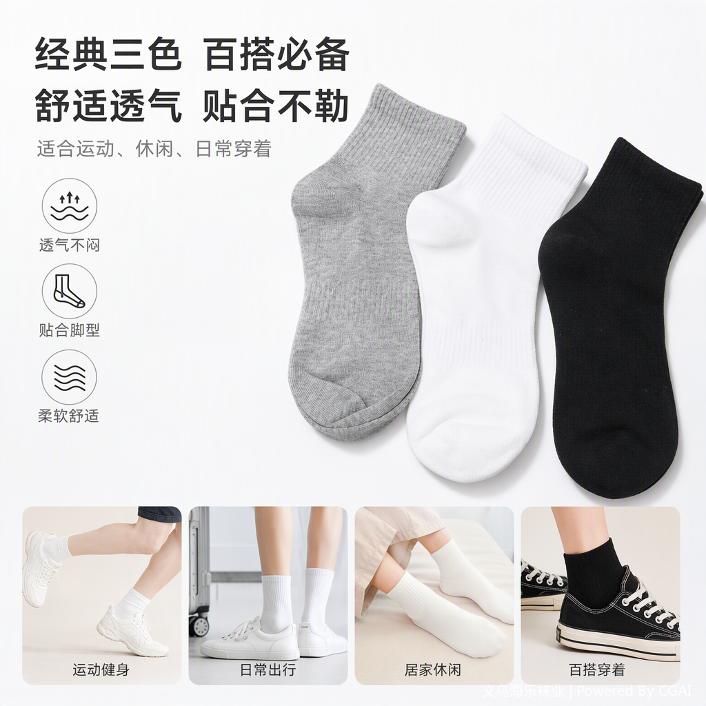A three-color combination of fashionable and versatile casual sports socks, comfortable and breathable for both men and women