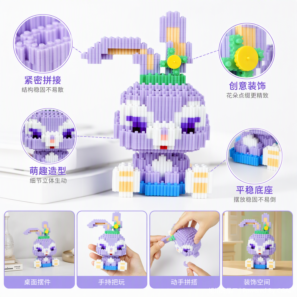创意拼装动物玩具儿童益智积木套装适合宝宝早教紫色兔子款