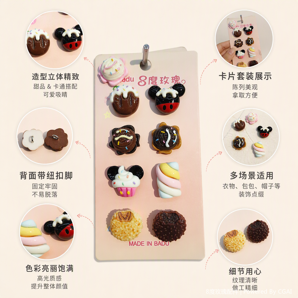 Colorful dessert-shaped accessories, pink card display, Mickey paper cups, ice cream, chocolate balls, decorative gifts and ornaments