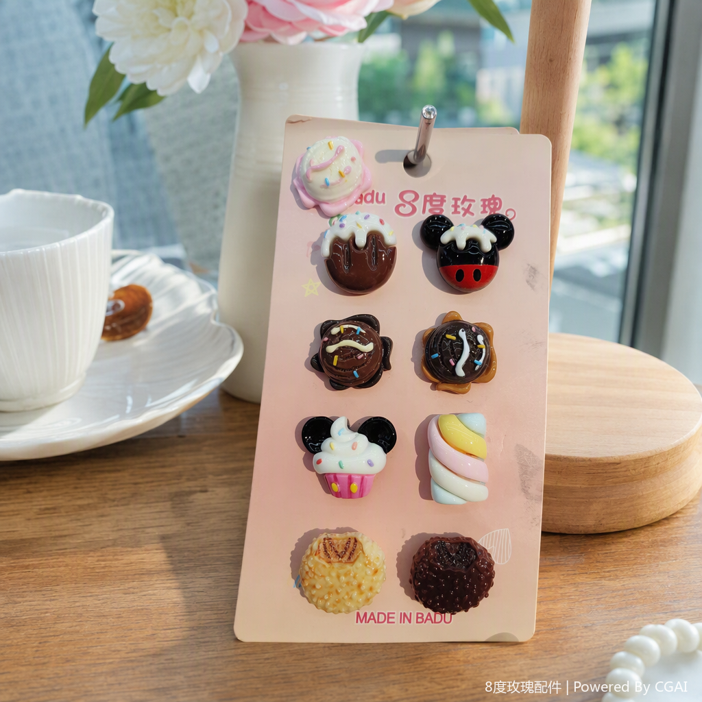 Colorful dessert-shaped accessories, pink card display, Mickey paper cups, ice cream, chocolate balls, decorative gifts and ornaments details Picture