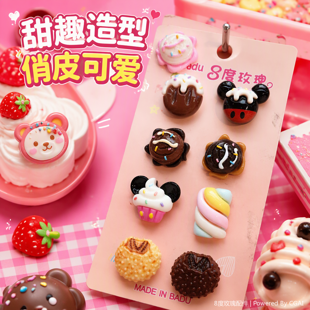 Colorful dessert-shaped accessories, pink card display, Mickey paper cups, ice cream, chocolate balls, decorative gifts and ornaments Specification image
