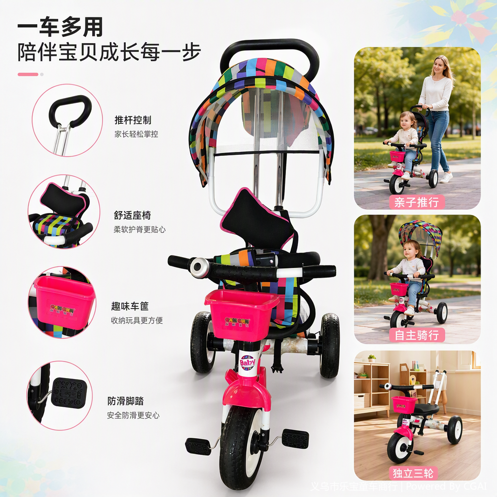 A multi-functional tricycle, hand-pushed cargo, electric-assisted transportation, non-motorized vehicle, durable, load-bearing and practical model
