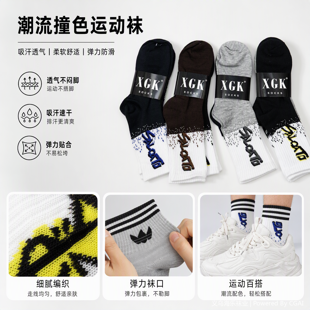 The XGK multi-color sports socks for both men and women are breathable and comfortable. They come in a colorful printed plastic package with multiple styles to choose from