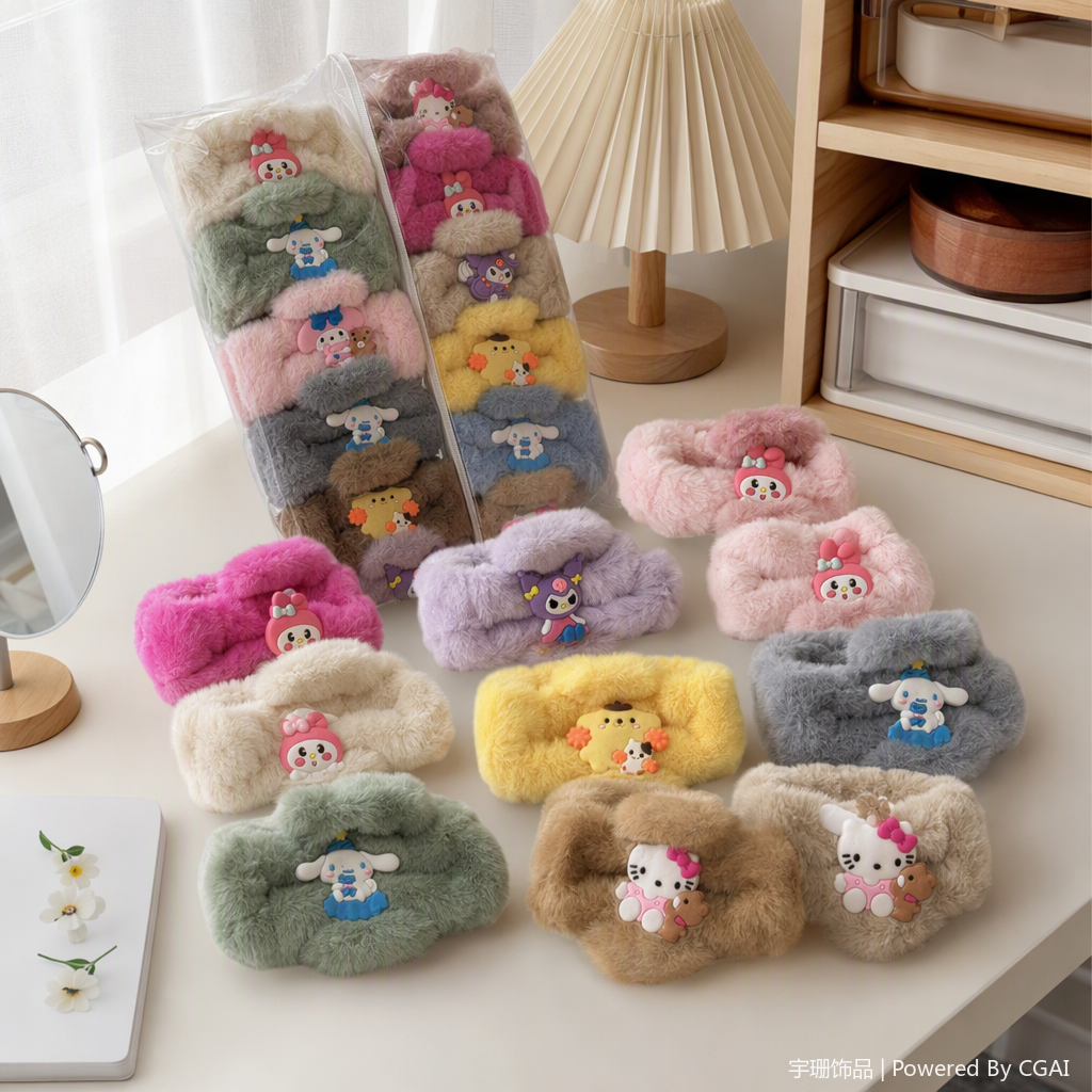 Colorful plush hair band set, soft and cute children's and girls' hair accessory, hair tie, hair rope and hair band combination details Picture