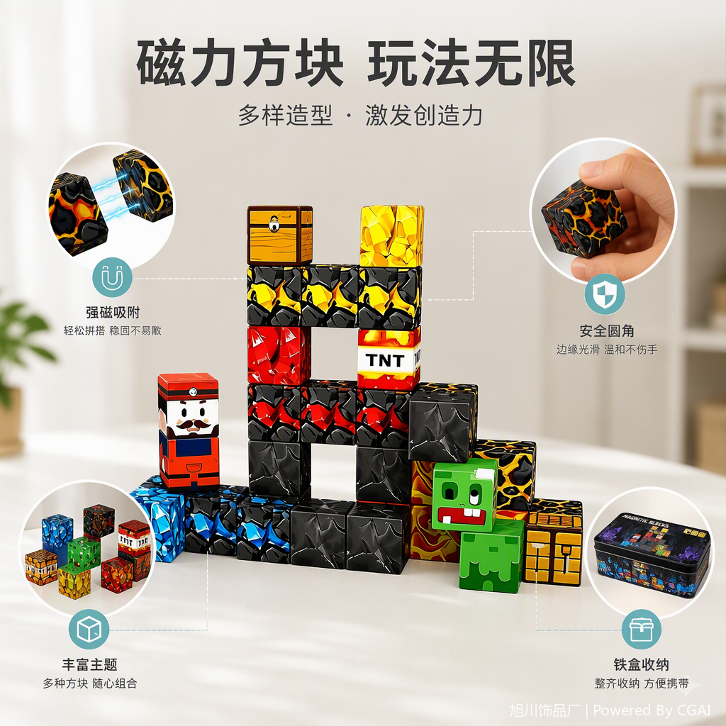 彩色磁力积木块套装35件多样造型纹理拼搭立体角色宝箱矿石模型儿童玩具