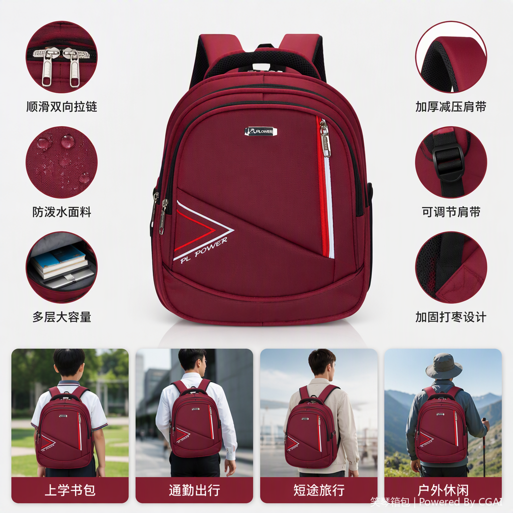 多功能休闲双肩背包男女通用旅行学生包大容量潮流背包包包皮具白底实物图