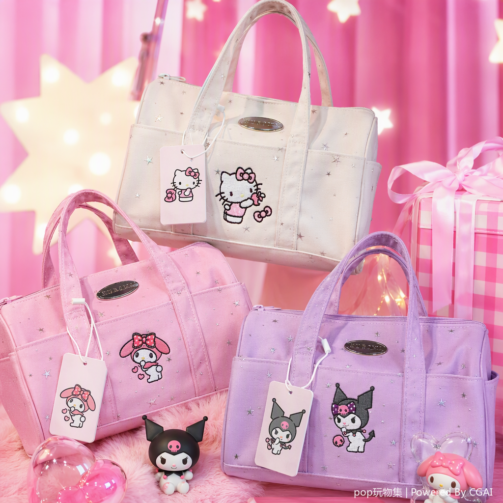 米白色星星图案Hello Kitty手提包，粉色星星图案My Melody手提包，蓝黑拼色My Melody手提包细节图