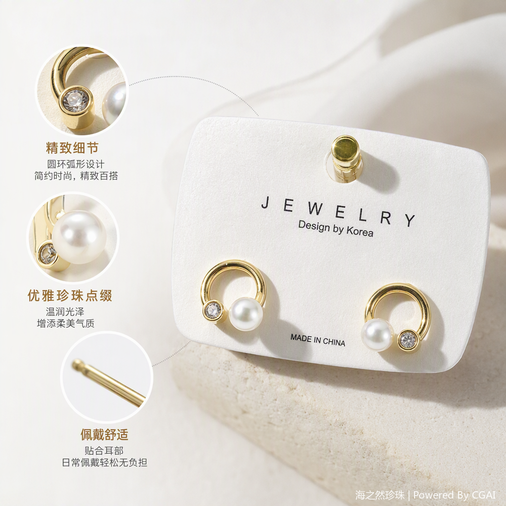 This is a simple, fashionable and elegant women's ear accessory with golden circular stud earrings and pearl zircon decoration