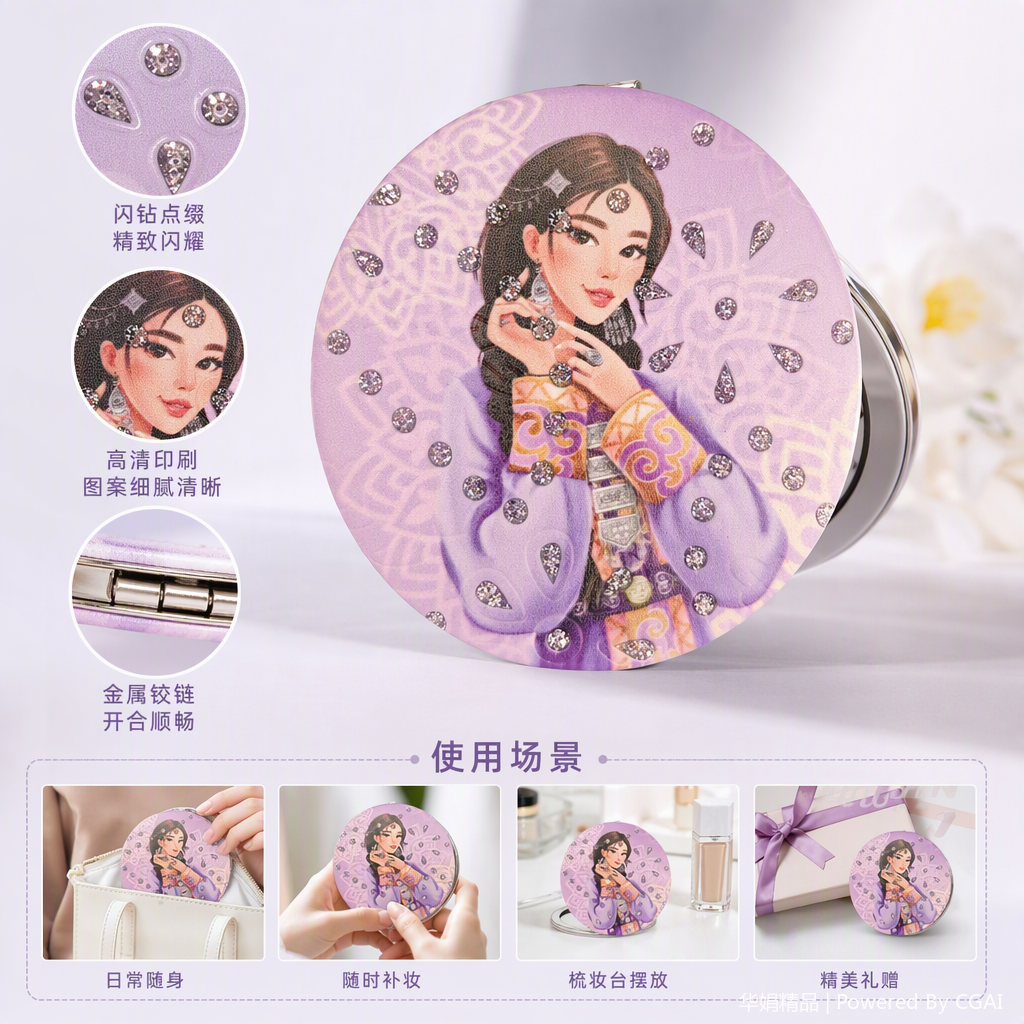 紫色圆形徽章插画女性传统服饰点缀银色水滴亮片装饰时尚饰品配件