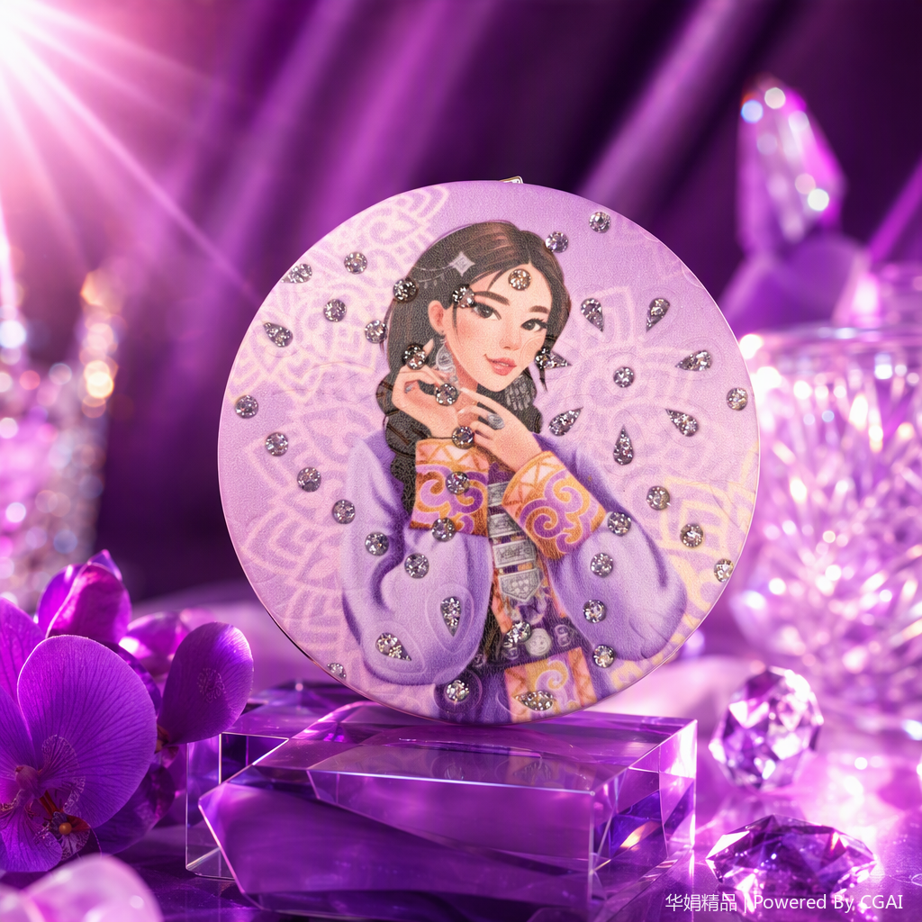 紫色圆形徽章插画女性传统服饰点缀银色水滴亮片装饰时尚饰品配件细节图