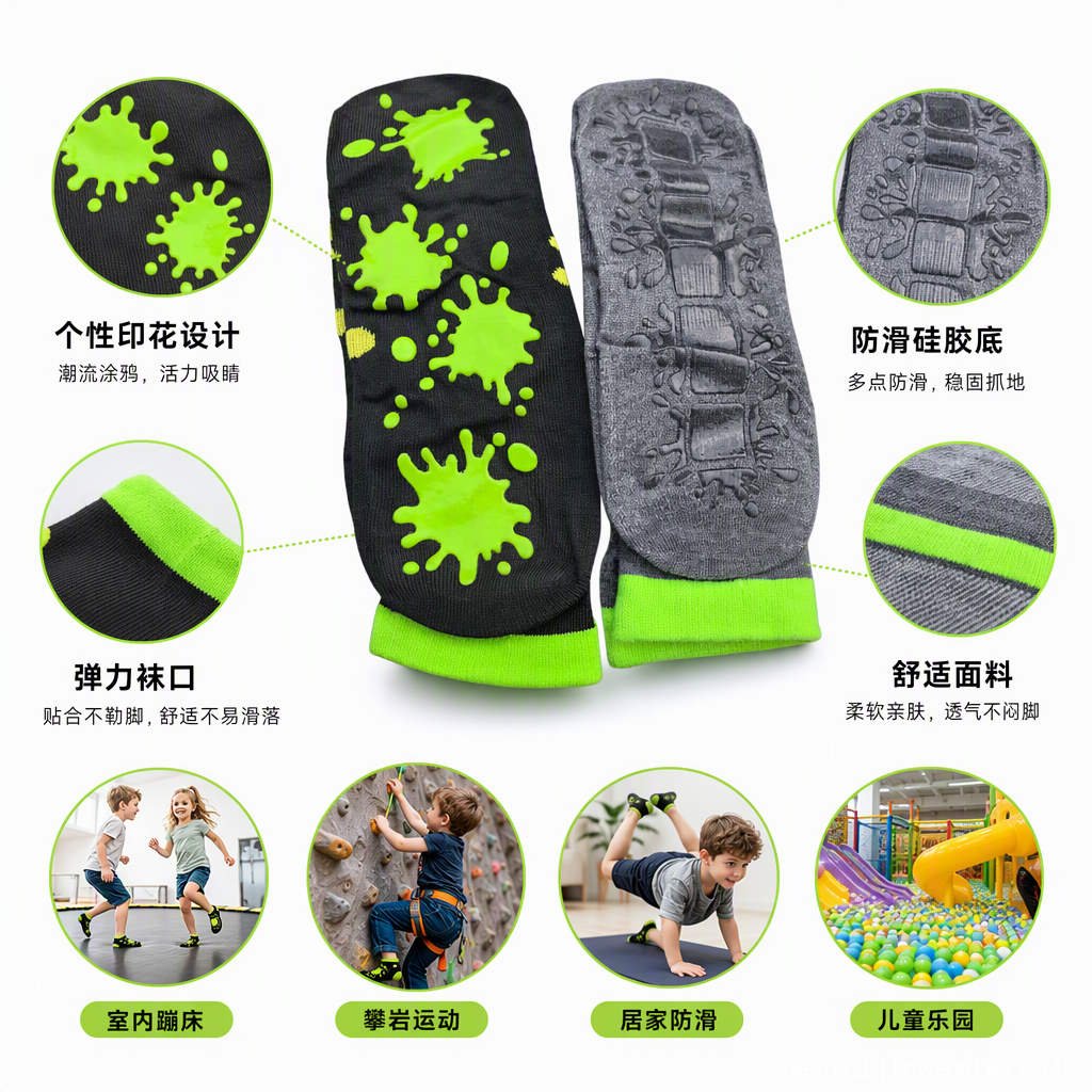 Black fluorescent green stain pattern sports socks, grey anti-slip texture casual socks for men and women, comfortable, breathable and trendy style