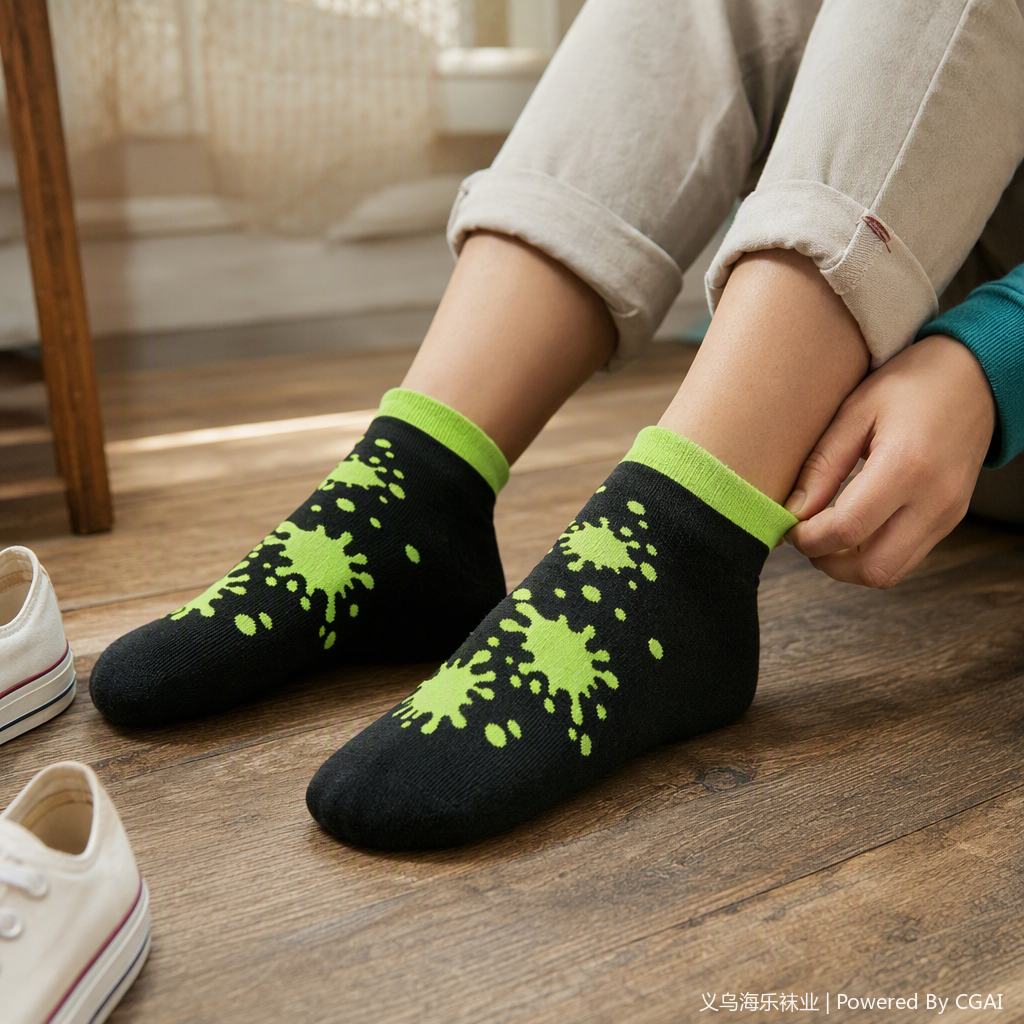 Black fluorescent green stain pattern sports socks, grey anti-slip texture casual socks for men and women, comfortable, breathable and trendy style details Picture