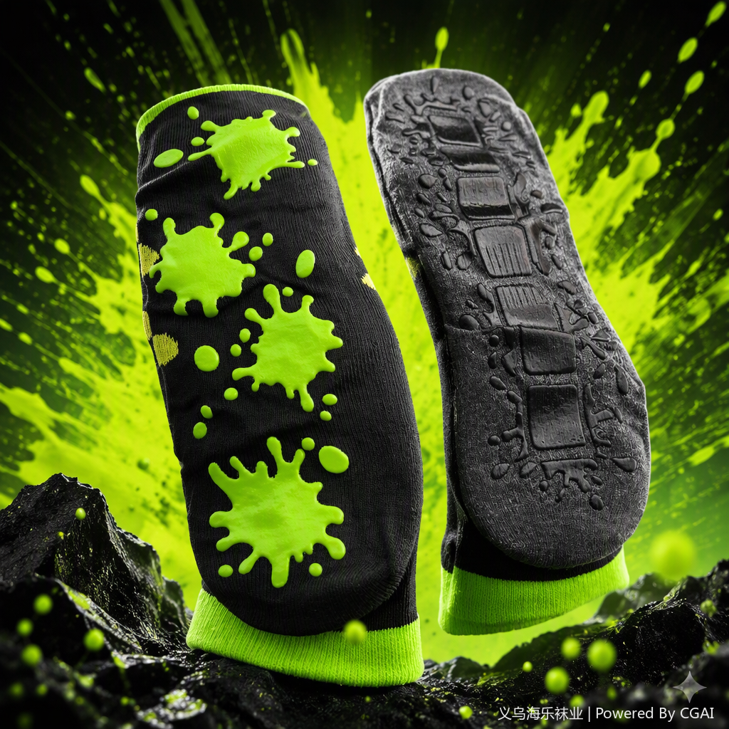 Black fluorescent green stain pattern sports socks, grey anti-slip texture casual socks for men and women, comfortable, breathable and trendy style Specification image