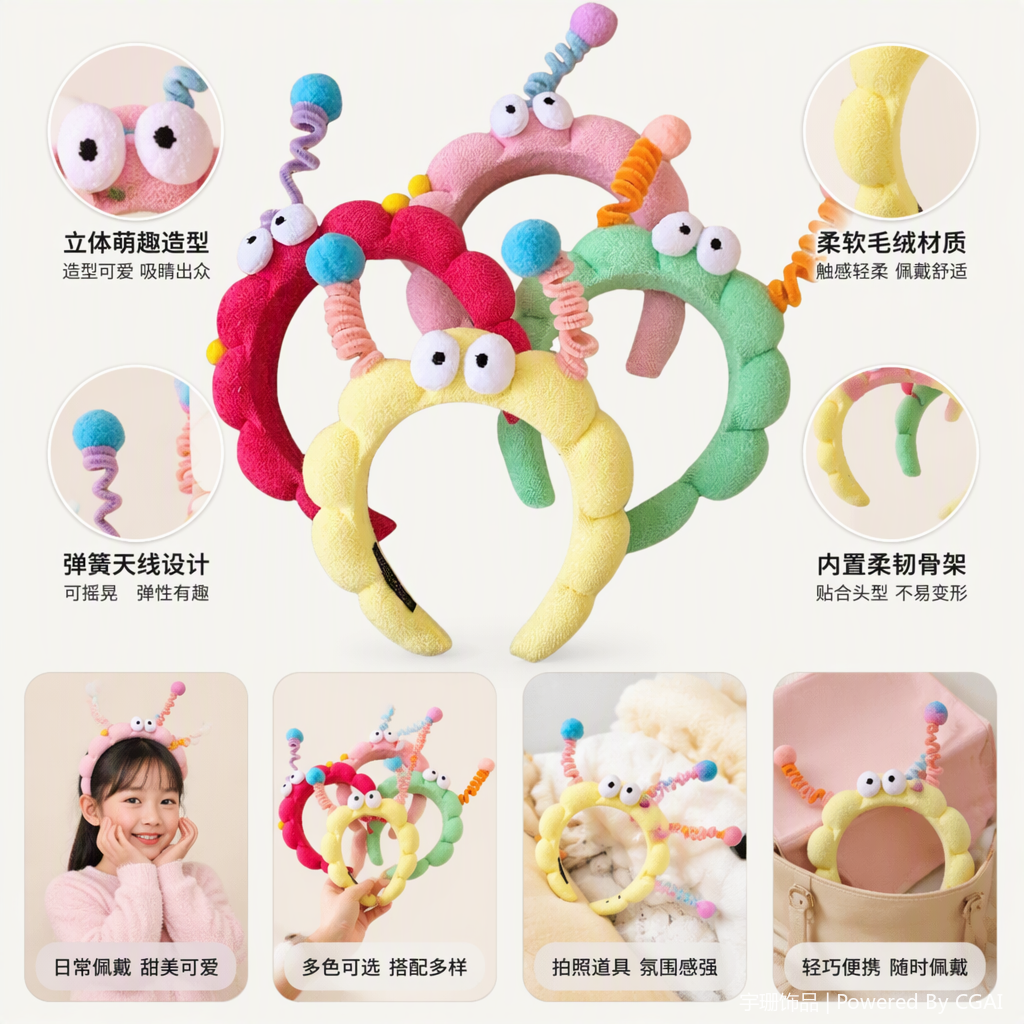 Cute and colorful plush insect-shaped hair bands, children's cartoon hair accessories, headwear, hair bands, hair clips and hair ties