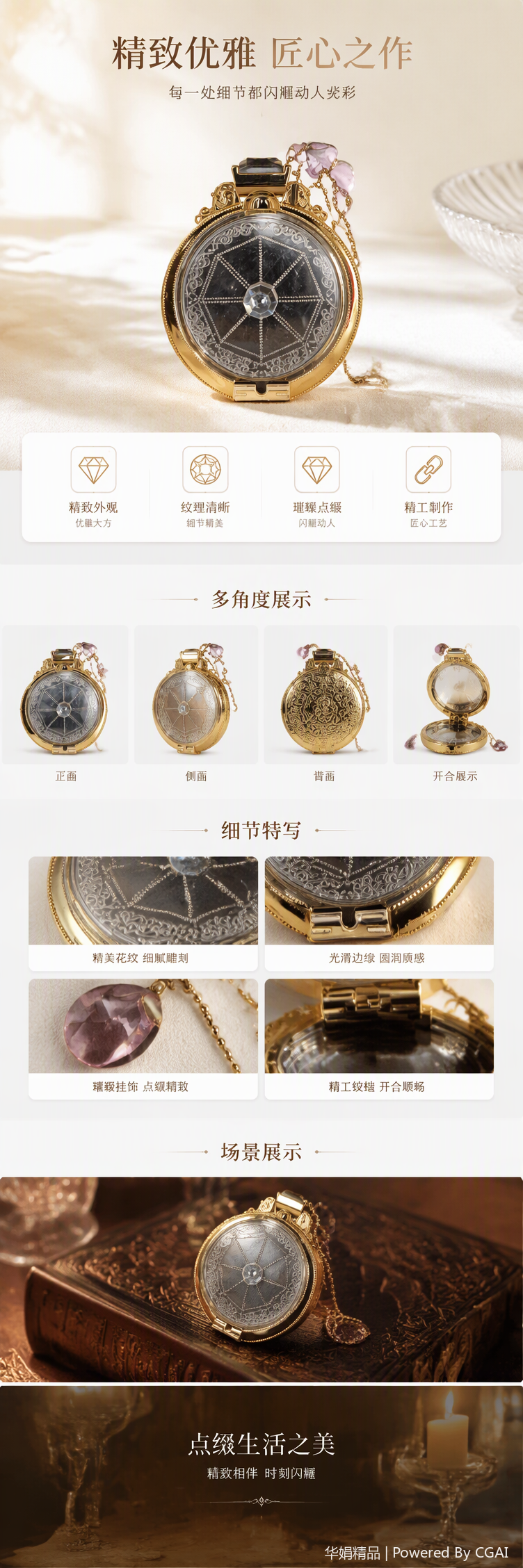 金色雕花镜盒透明水晶装饰紫色水滴吊坠时尚优雅便携化妆镜礼品详情1