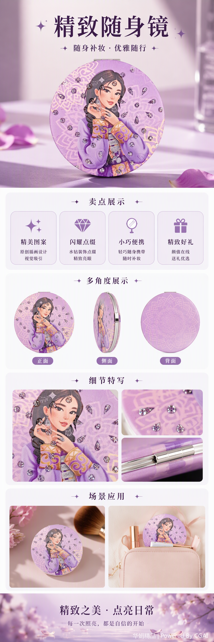 紫色圆形徽章插画女性传统服饰点缀银色水滴亮片装饰时尚饰品配件详情1