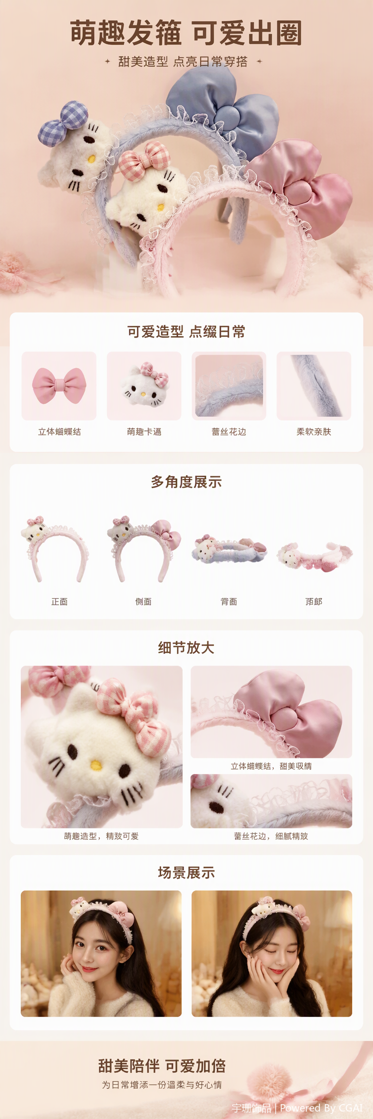 Hello Kitty, розовый бант, бархатные обручи для детей, милые головные уборы, головные уборы для волос pic 1