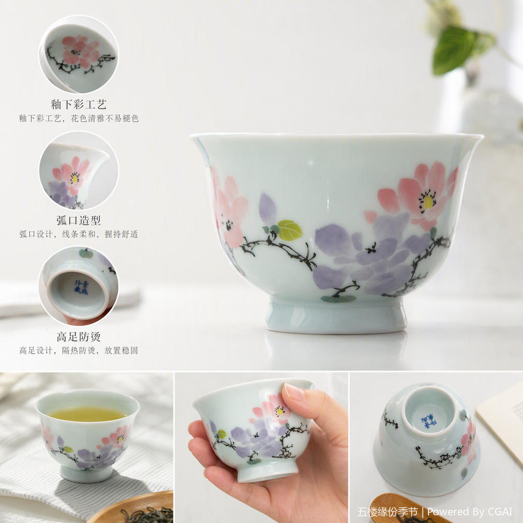 青白瓷手绘花卉纹饰茶杯简约雅致品茗杯陶瓷茶具茶道用品