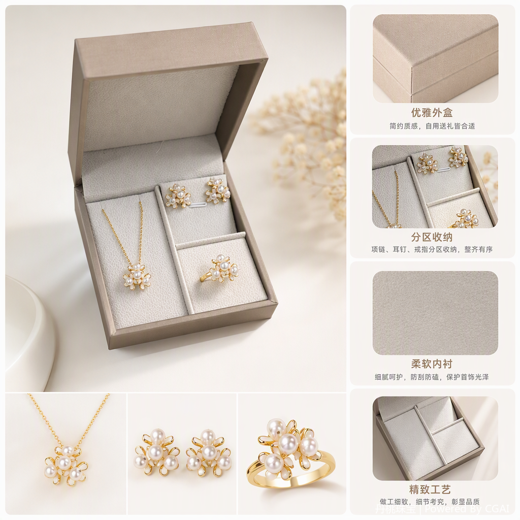 Pearl flower (pearl flower) — тройной ювелирный костюм, колье с кольцами на ушах, элегантное кольцевое колье