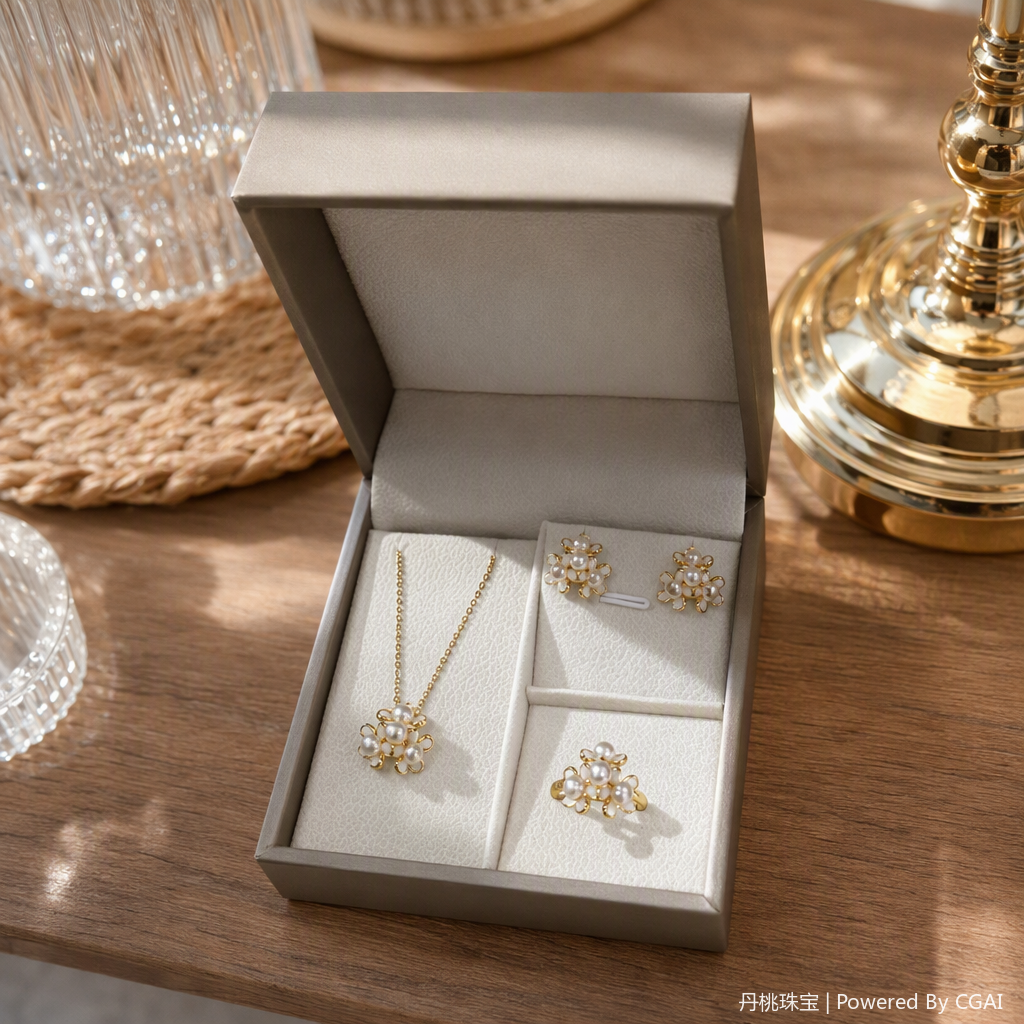 Pearl flower (pearl flower) — тройной ювелирный костюм, колье с кольцами на ушах, элегантное кольцевое колье details Picture