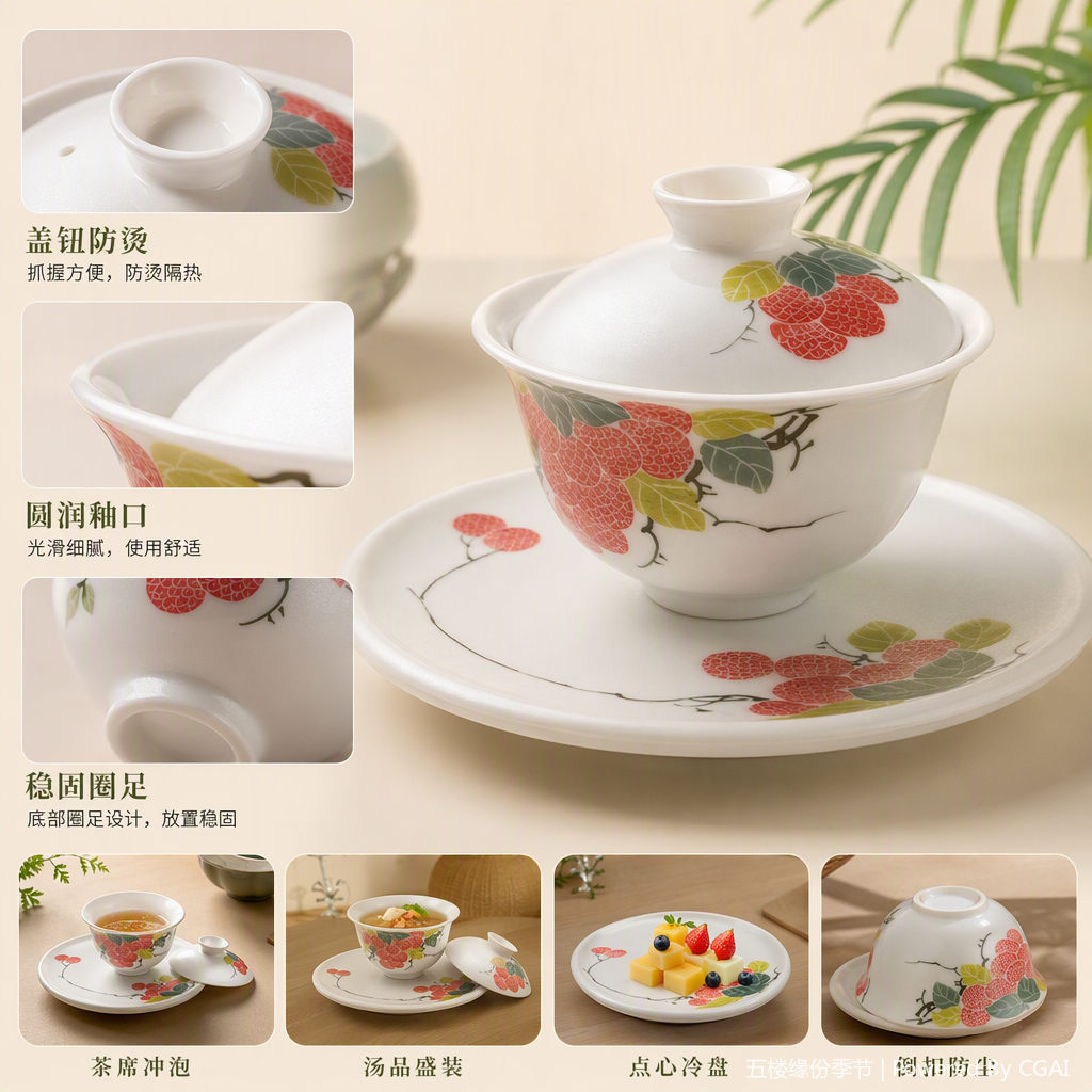 创意荔枝纹三才盖碗陶瓷茶具家用实用美观茶道用品礼品赠送