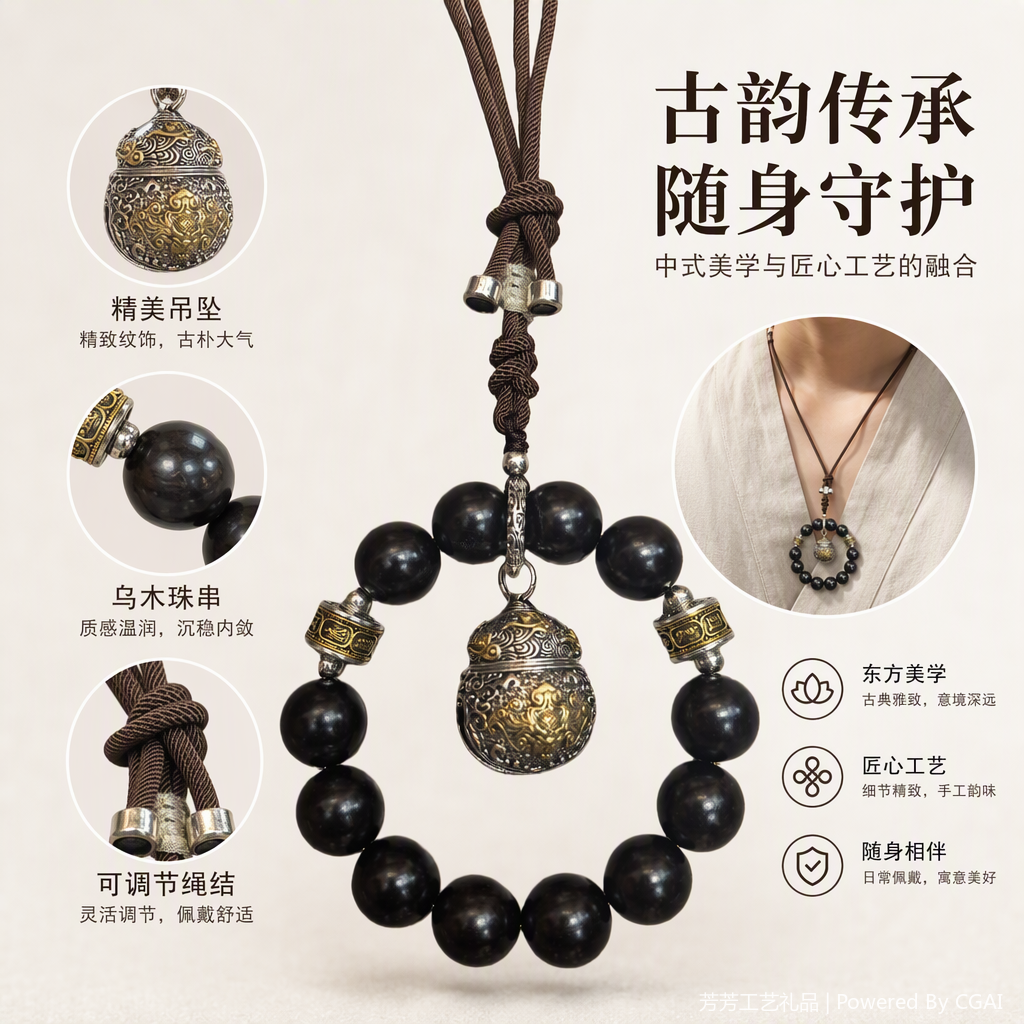 Retro metal carved pendant necklace with black bead strings, a fashionable and versatile women's trendy accessory