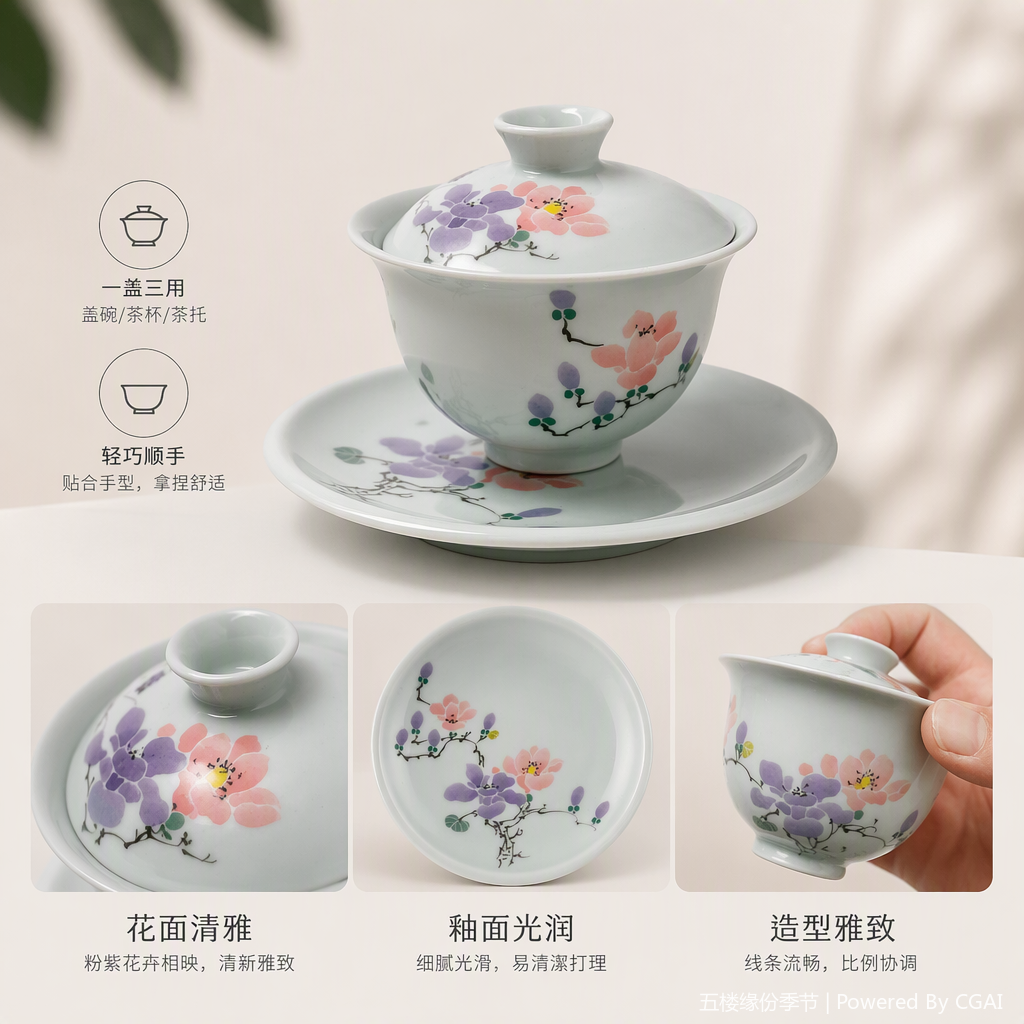 青瓷手绘花卉纹三才盖碗陶瓷茶具茶碗茶道用品精品家用收藏