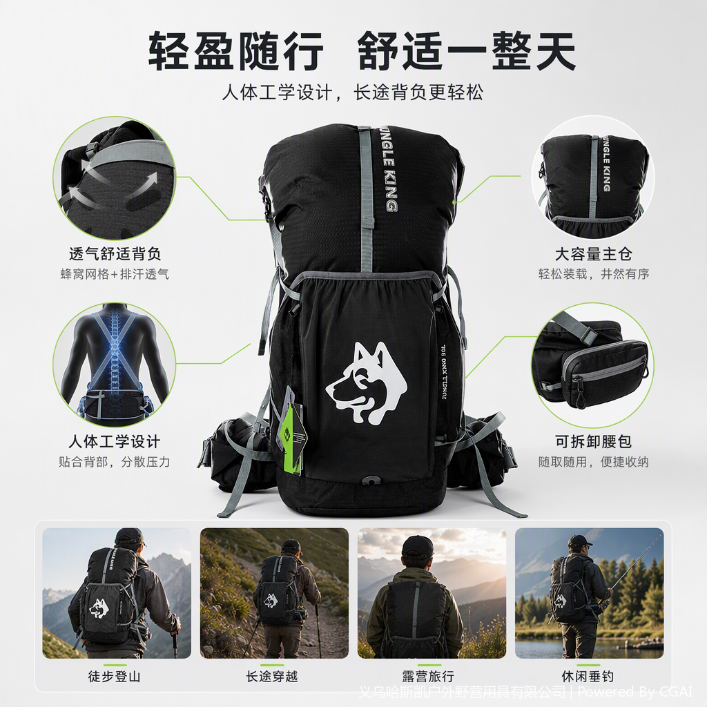 Multi-functional black outdoor mountaineering backpack for women, large-capacity hiking and mountain climbing bag, sports and leisure mountaineering bag