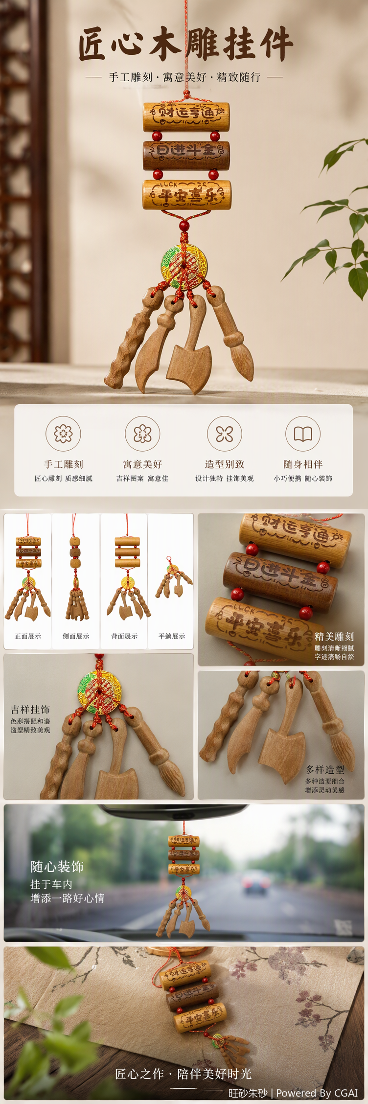 手工精美木质雕刻挂饰复古创意家居装饰品天然木材挂件工艺品礼品木制摆件详情1