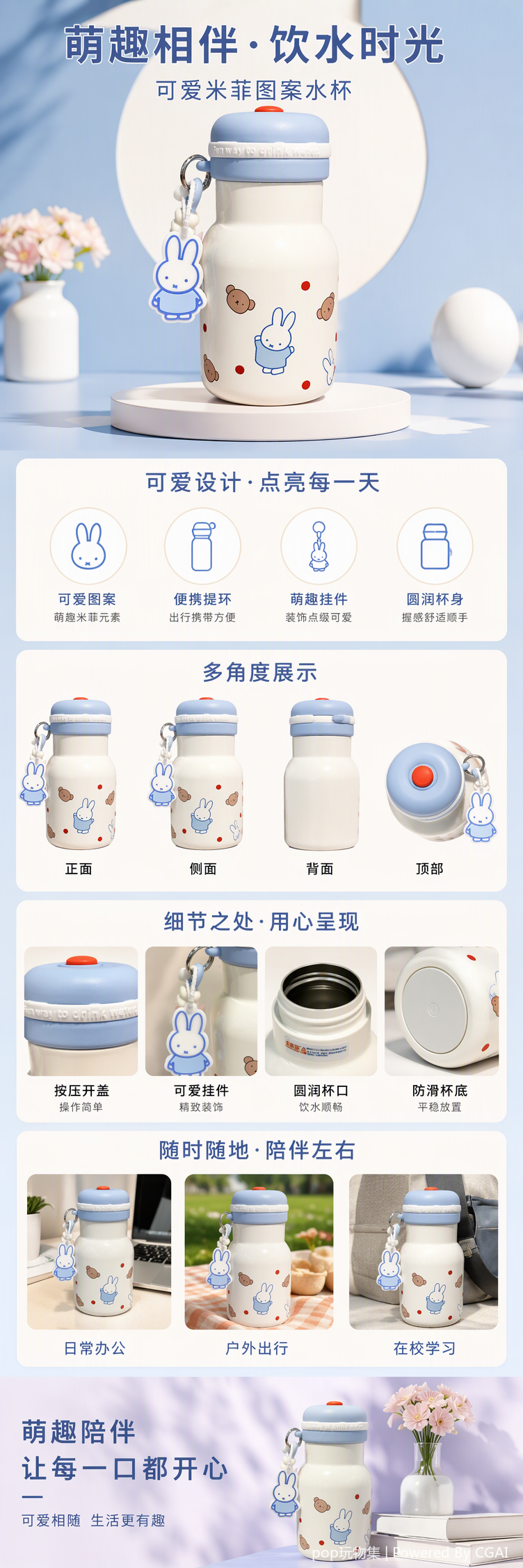 米菲兔联名创意保温杯大容量便携学生户外保暖水壶儿童礼品详情1
