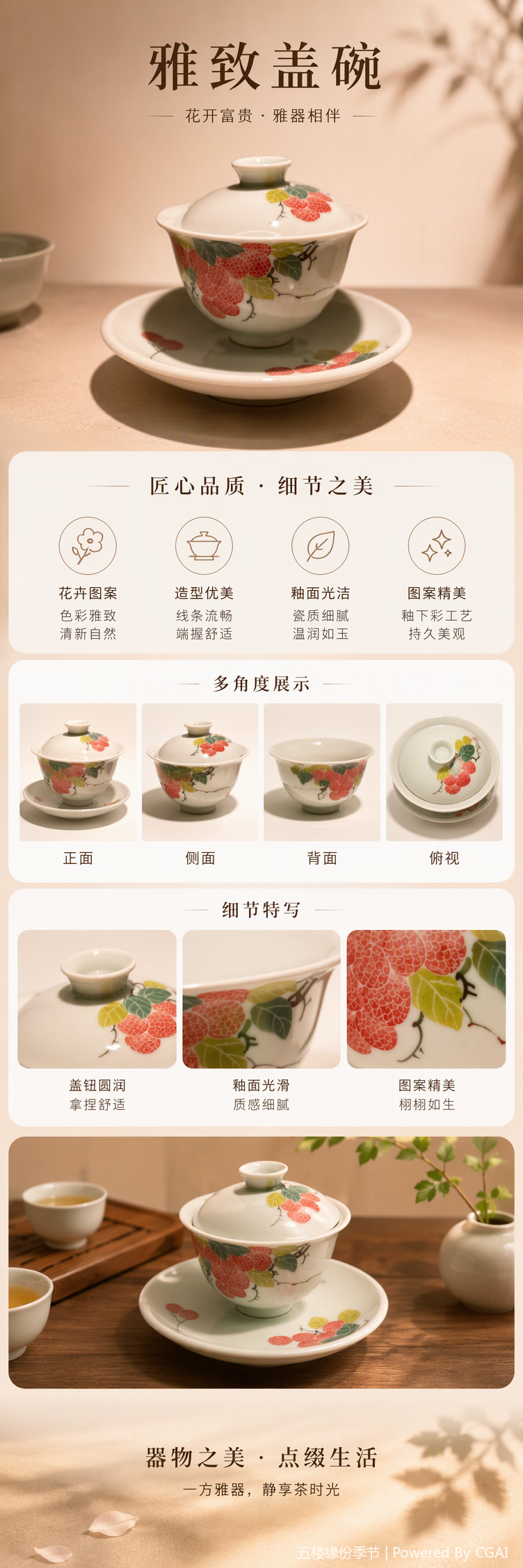 创意荔枝纹三才盖碗陶瓷茶具家用实用美观茶道用品礼品赠送详情1
