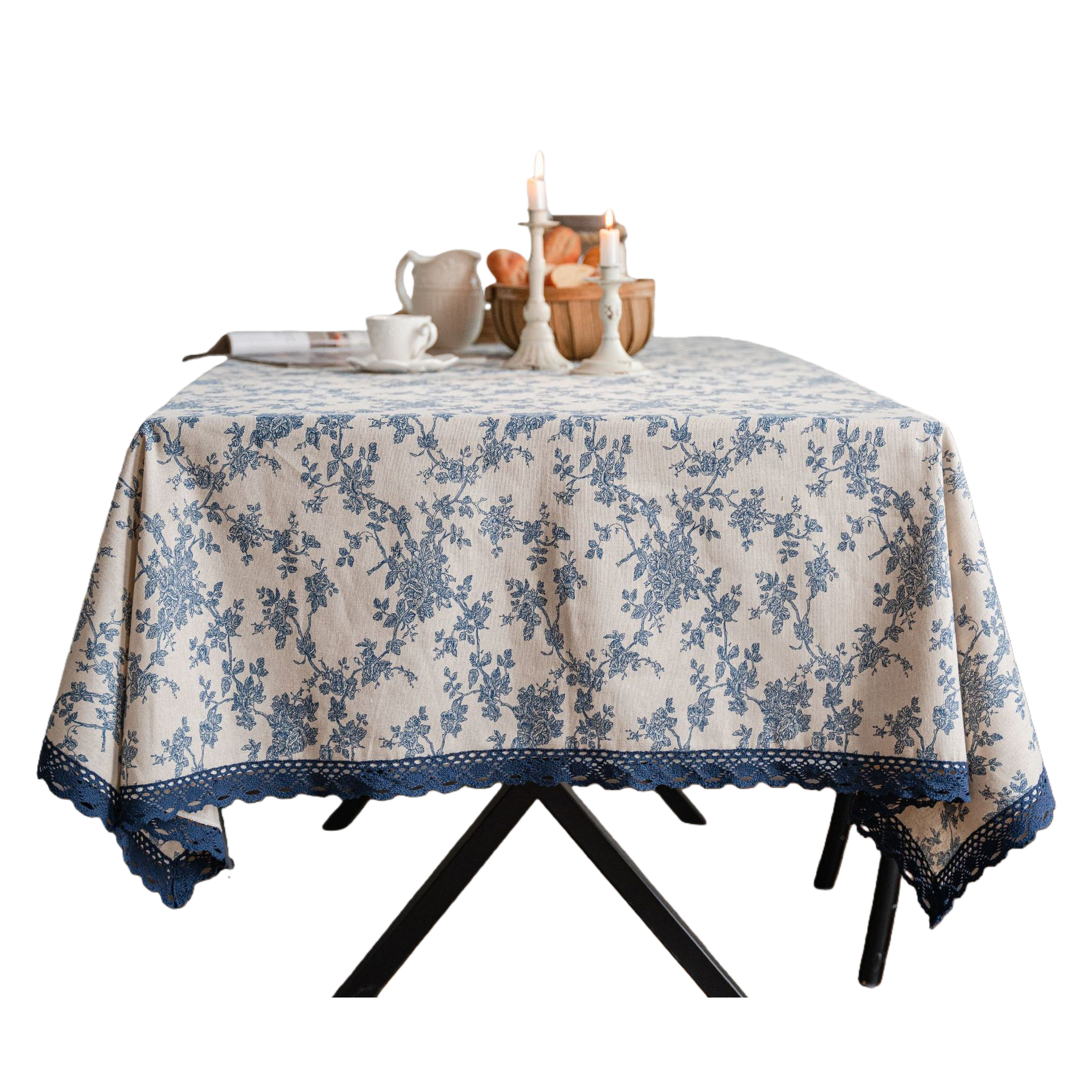 Blue and white floral lace edge tablecloth, fabric tablecloth, Middle Eastern-style desktop decoration, home tablecloth Item Picture