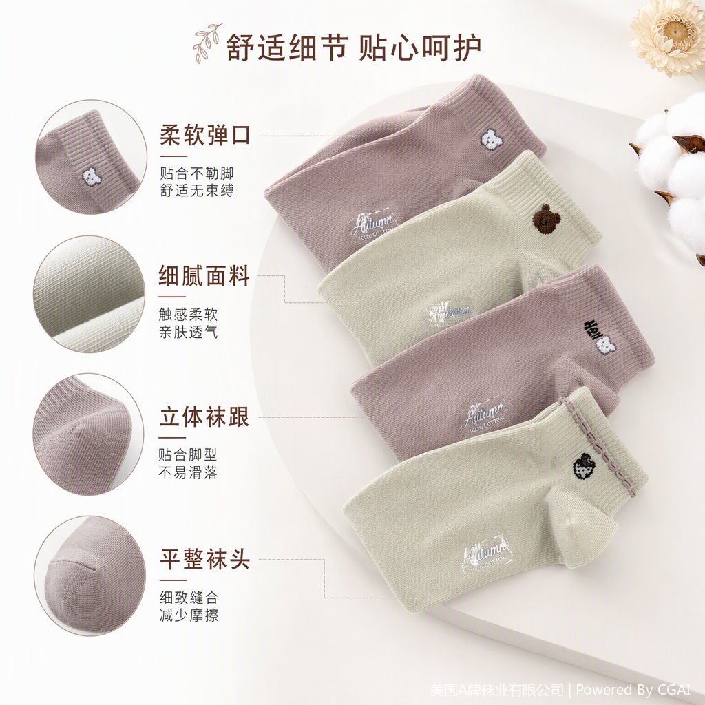 Light pink and off-white women's short socks with bear embroidery, comfortable, breathable and casual style