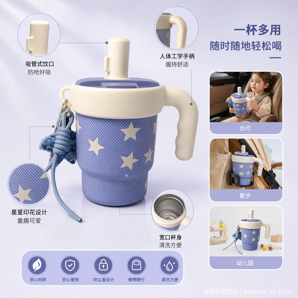 创意紫色星星图案保温杯便携保暖学生户外旅行水杯礼品赠品