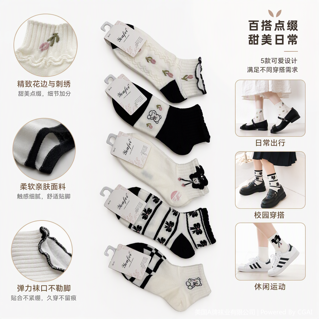 Patrón lindo cinco pares blanco y negro emparedado calcetines de mujer cómodo respirable versátil calcetines deportivos casuales