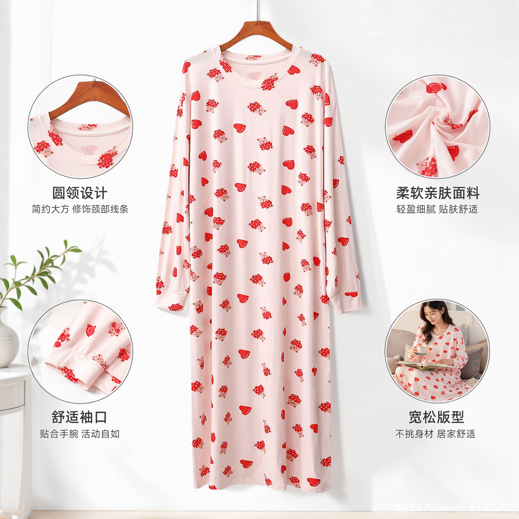 白色长袖睡裙爱心熊图案温馨舒适家居服柔软透气女款睡衣