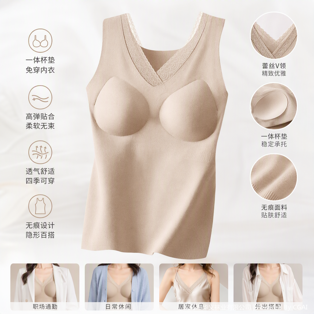 舒适无袖塑形内衣米色无痕薄款塑身衣女夏季透气轻盈无钢圈运动内衣