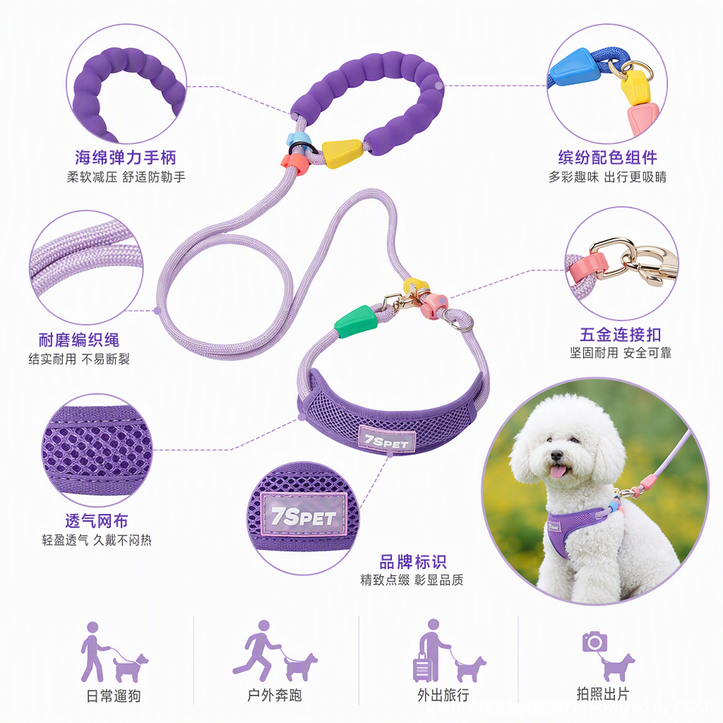 多彩宠物牵引绳套装耐用防拉扯舒适安全宠物出行用品