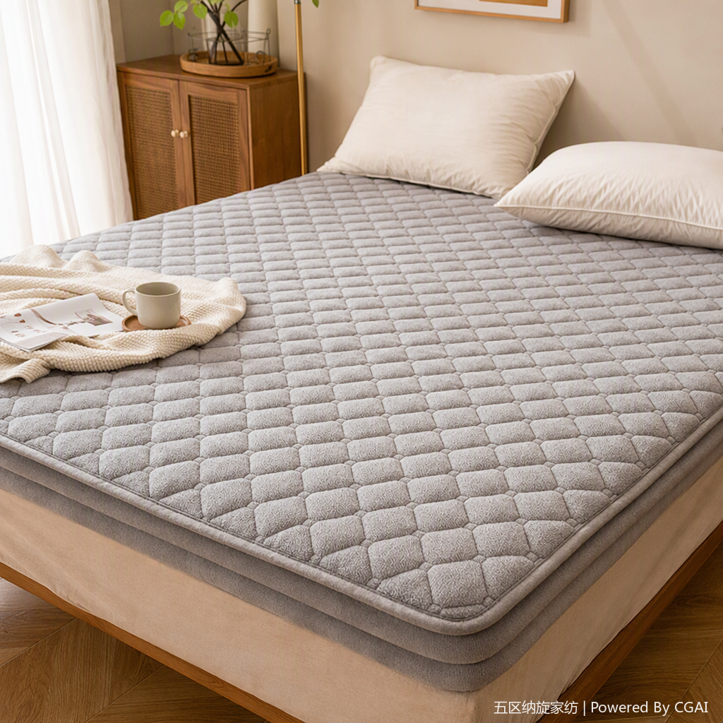 Grey diamond-patterned quilted quick-heating milk velvet bed cover multi-piece set, polyester taeff comfortable and warm bedding combination details Picture