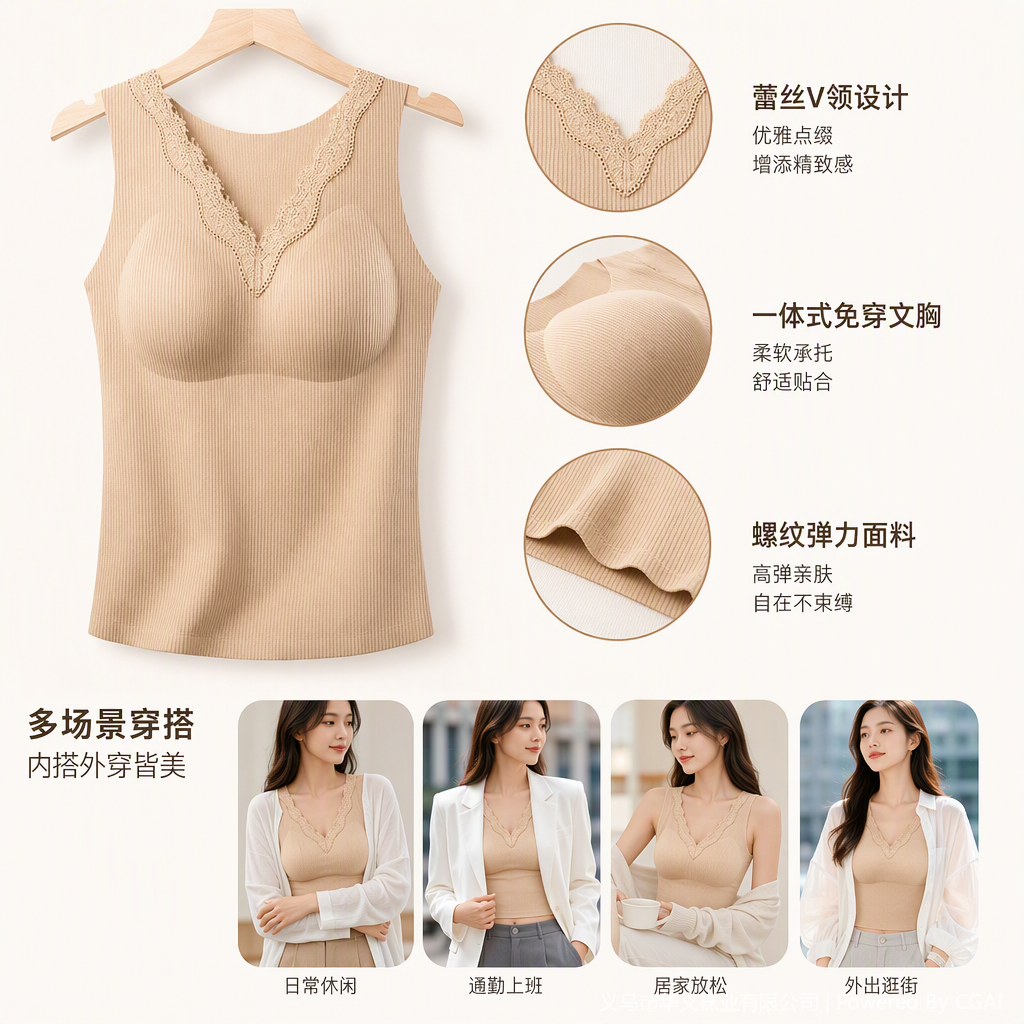 时尚米色蕾丝V领无袖背心百搭舒适夏季新款女装潮流简约款式