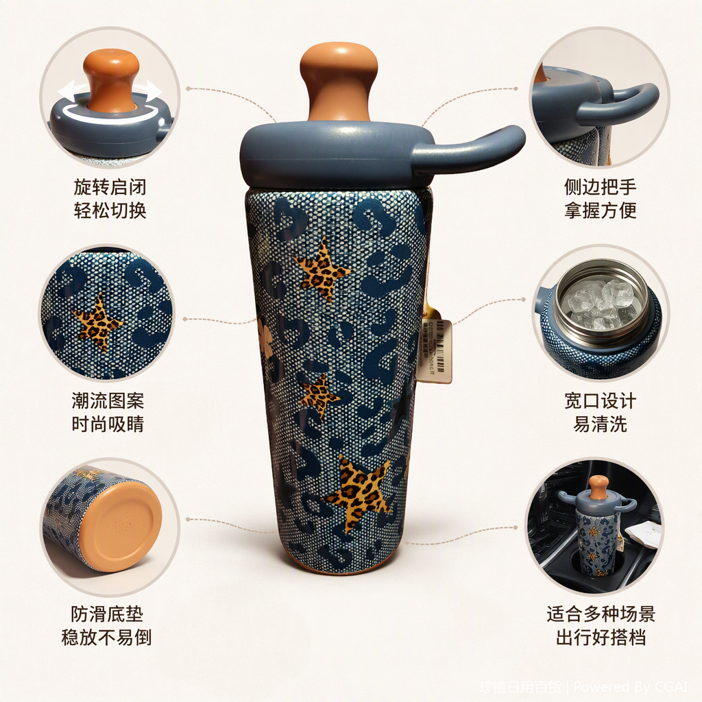 时尚豹纹星星图案保温杯大容量便携学生户外保暖水杯礼品赠品