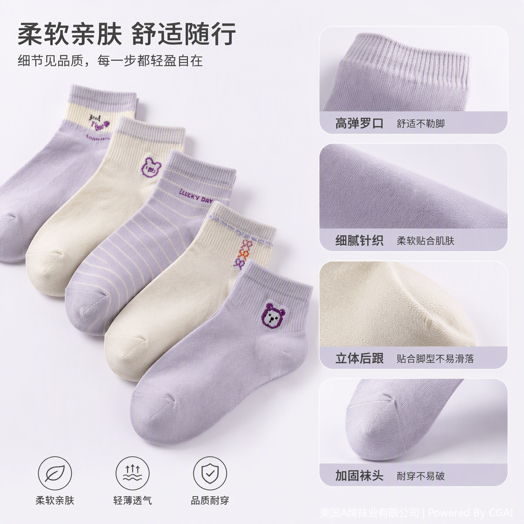 Five pairs of light-colored embroidered pattern casual short socks and pure cotton breathable sports socks for men and women
