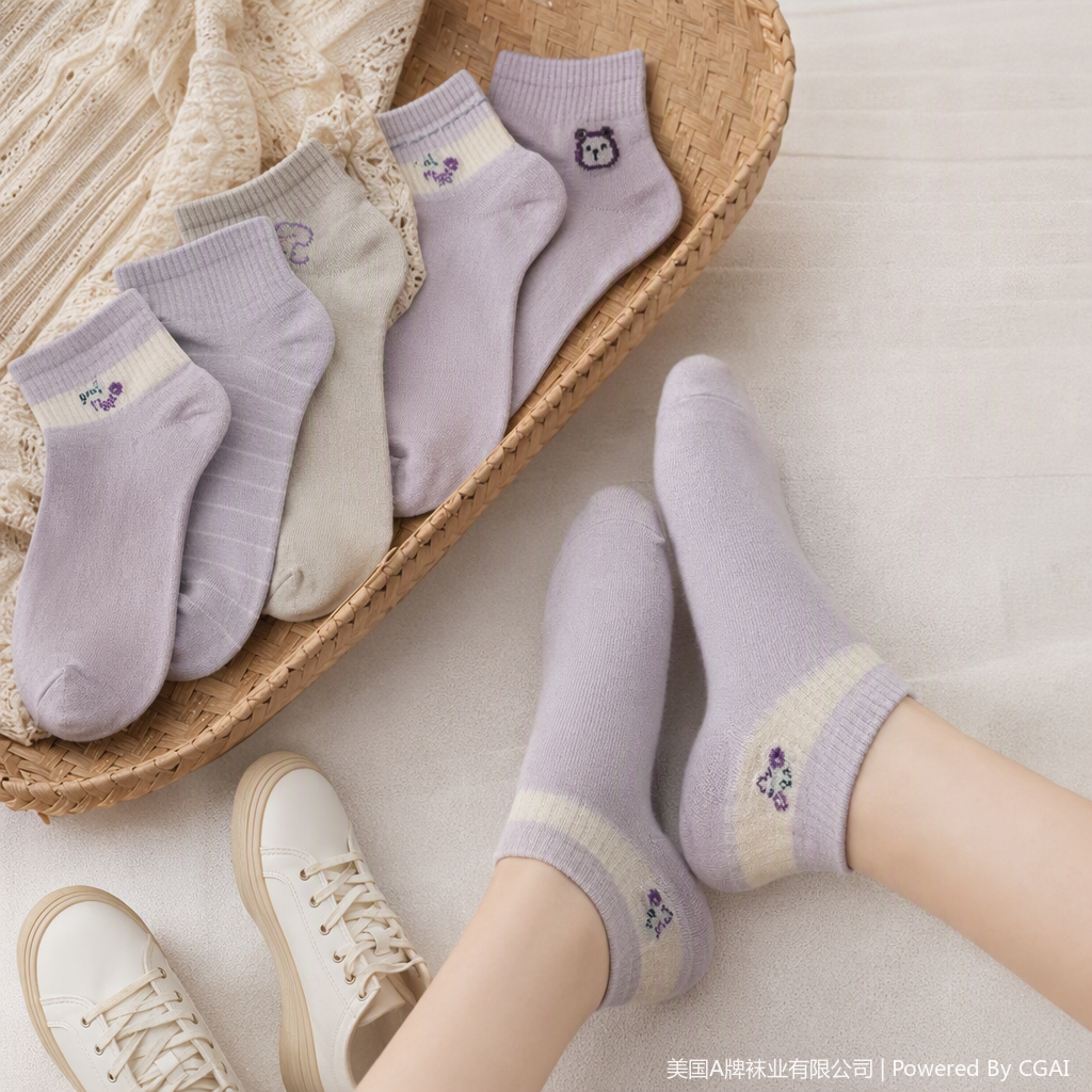 Five pairs of light-colored embroidered pattern casual short socks and pure cotton breathable sports socks for men and women details Picture