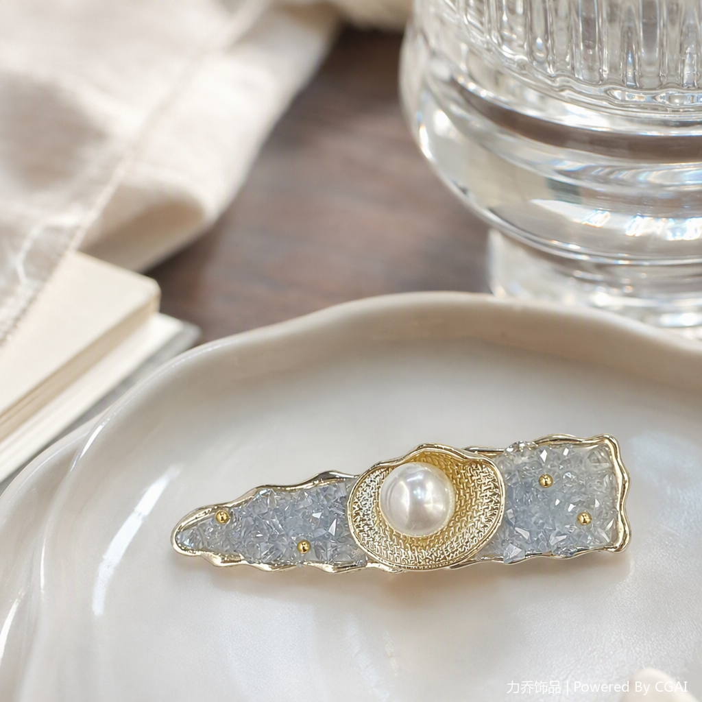 A fashionable, versatile and elegant accessory gift for your girlfriend with a glittering crystal-inlaid gold border brooch details Picture