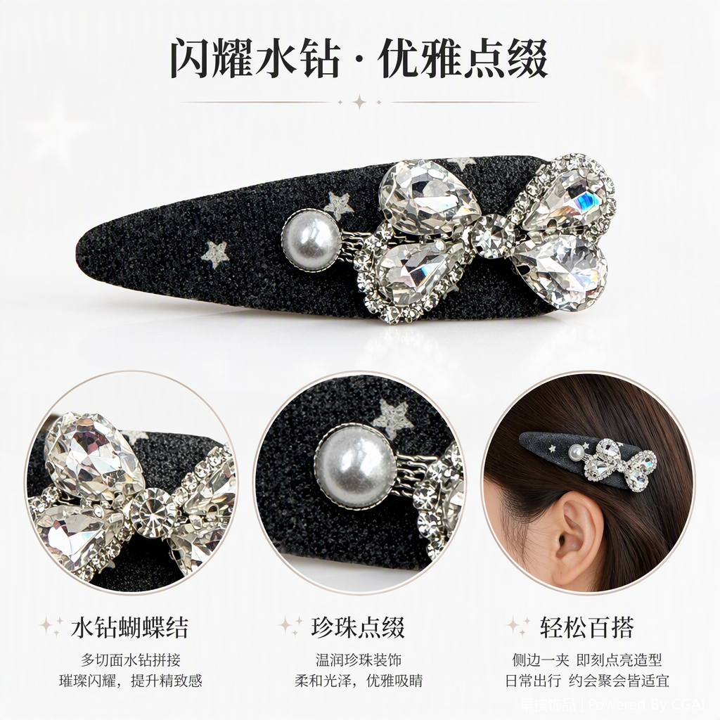 黑色星星图案水晶珍珠蝴蝶结发饰优雅甜美发夹发饰品发型装饰