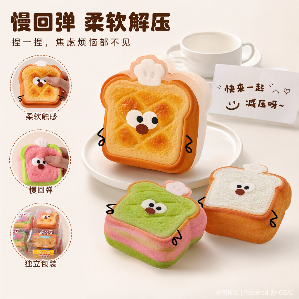 卡通吐司造型解压捏捏乐玩具TOAST DAY SQUISHY商品展示盒放松减压儿童礼物