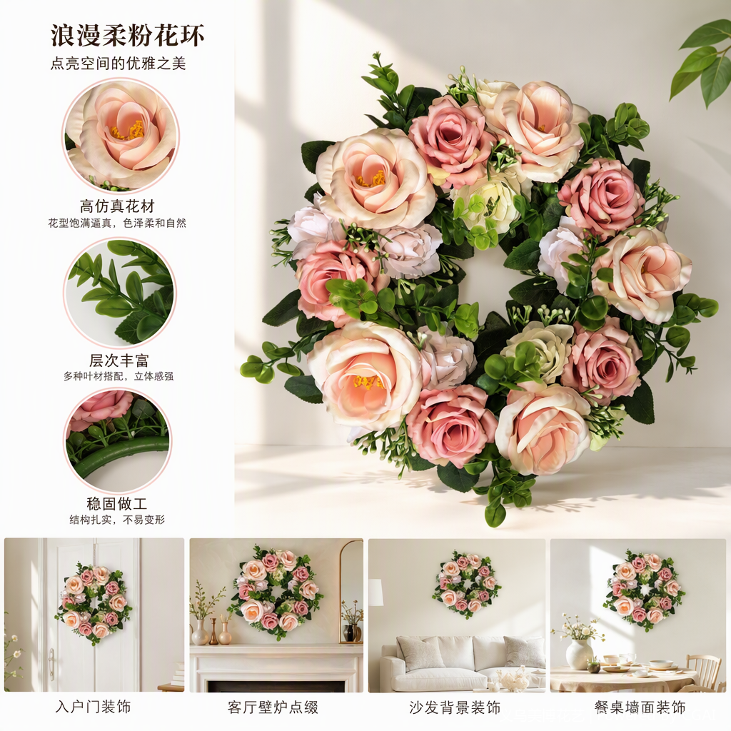 Pink and off-white artificial rose garlands, hand-woven, romantic wedding decoration, indoor display items, wedding decoration supplies