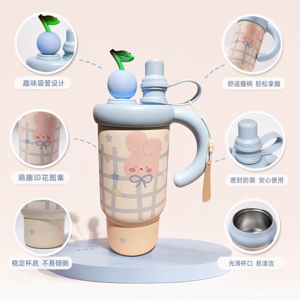 浅蓝色儿童吸管杯粉色格纹兔子卡通可爱宝宝水杯幼儿学饮杯带吸管