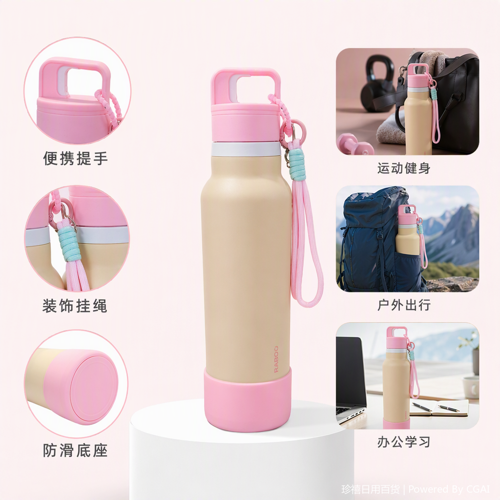 保温杯粉色盖子挂绳淡黄色保温杯便携保温保冷水杯学生户外运动款
