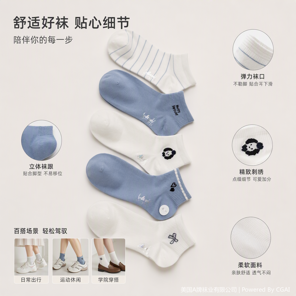 Five pairs of women's short socks with striped embroidered text, cartoon dog head heart bow pattern, casual and versatile sock set